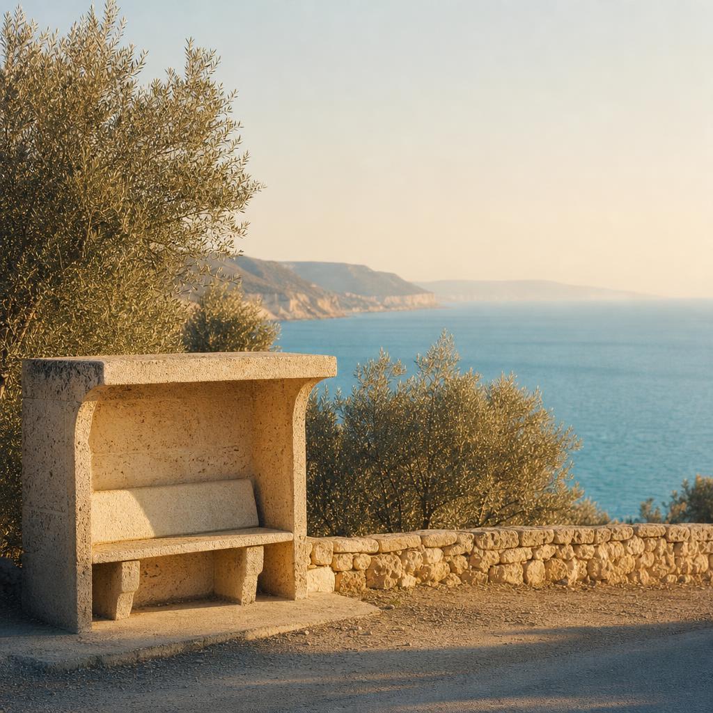 A limestone bus-stop bench overlooking the Aegean at golden hour, olive trees in the distance.