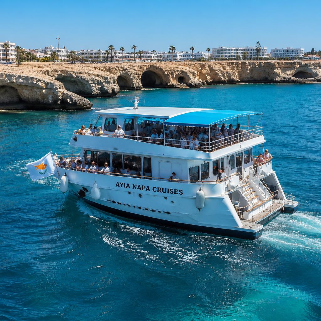 White passenger boat on turquoise Cypriot water.