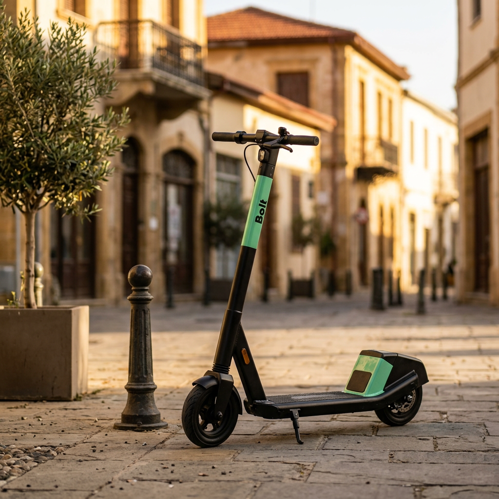 Green electric scooter parked by a Cyprus palm-lined promenade.