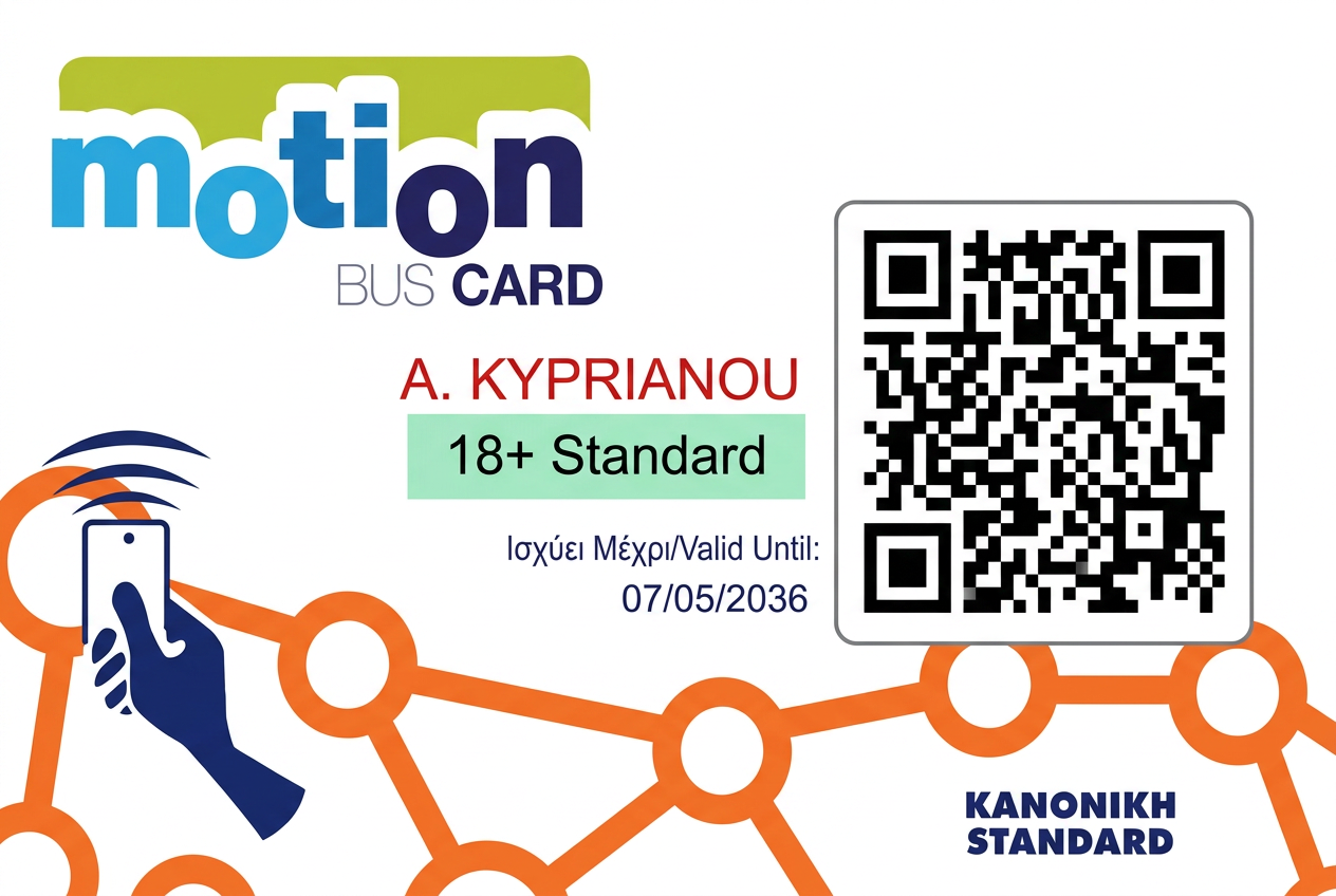 Motion Bus Card personalised for a sample holder with QR code, holder name A. Kyprianou, 18+ Standard fare, valid until 07/05/2036.